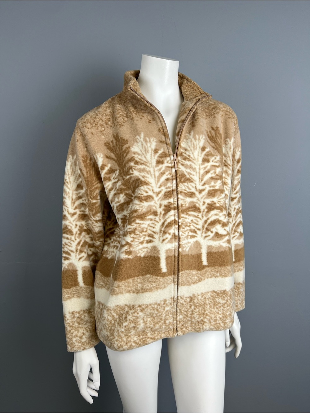 Vintage Tradition Women's Tan Tree-Print Zip Front Fleece Jacket